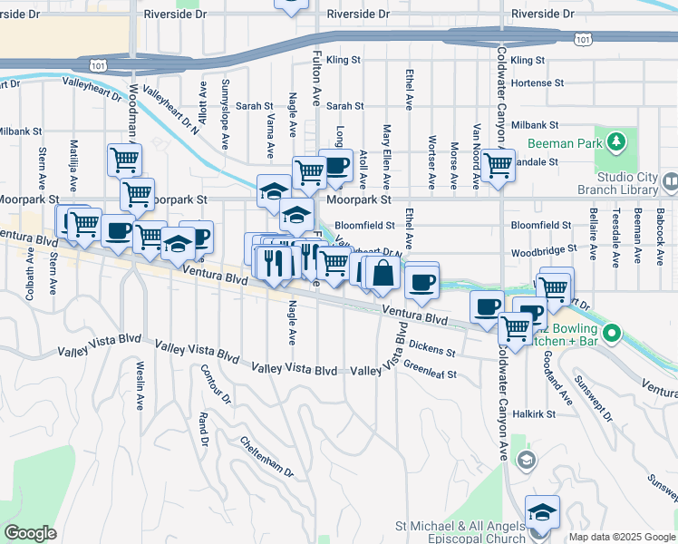 map of restaurants, bars, coffee shops, grocery stores, and more near 4240 Fulton Avenue in Los Angeles