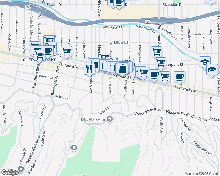 map of restaurants, bars, coffee shops, grocery stores, and more near 4237 Murietta Avenue in Los Angeles