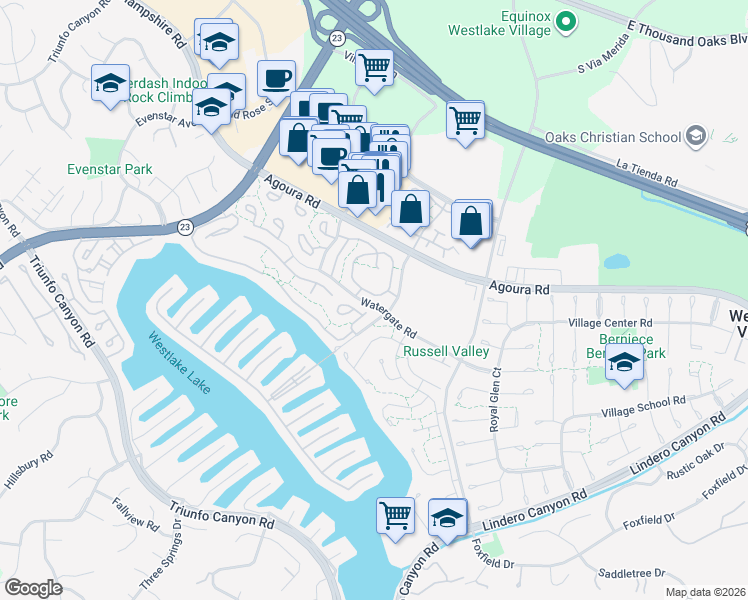 map of restaurants, bars, coffee shops, grocery stores, and more near 1202 Landsburn Circle in Westlake Village
