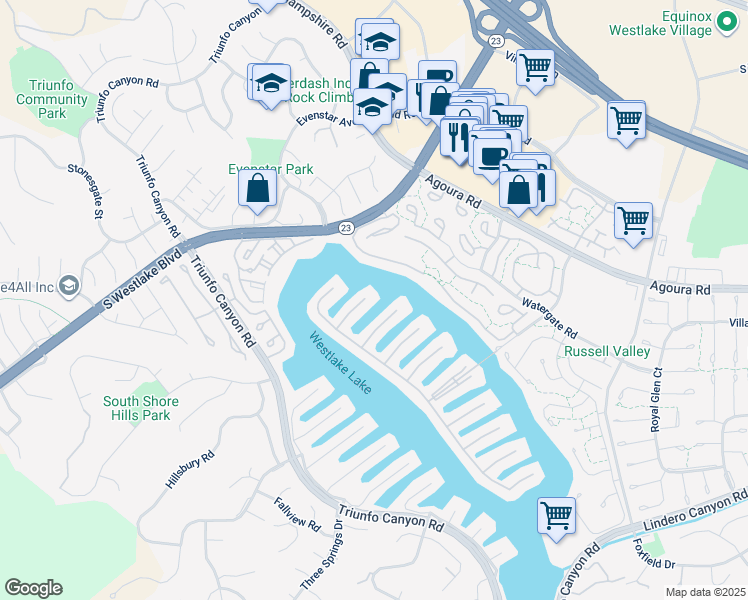map of restaurants, bars, coffee shops, grocery stores, and more near 1307 Bluesail Circle in Westlake Village