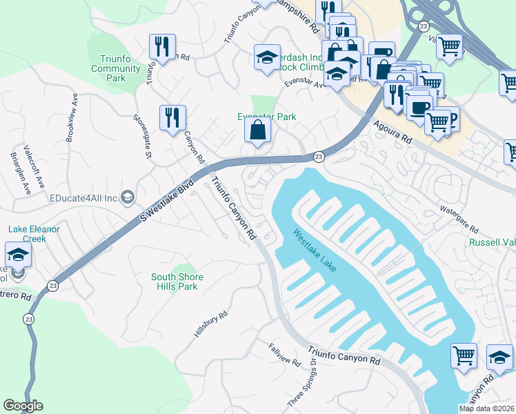 map of restaurants, bars, coffee shops, grocery stores, and more near 1234 South Westlake Boulevard in Westlake Village