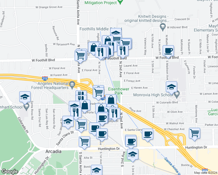 map of restaurants, bars, coffee shops, grocery stores, and more near 162 Country Oaks Circle in Arcadia