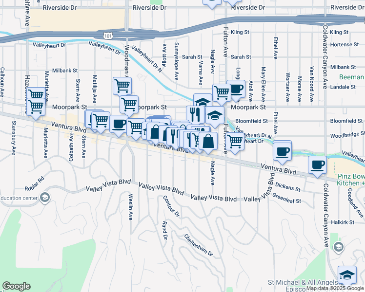 map of restaurants, bars, coffee shops, grocery stores, and more near 13451 Ventura Boulevard in Los Angeles