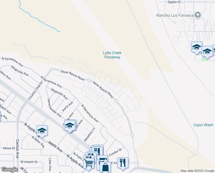 map of restaurants, bars, coffee shops, grocery stores, and more near Yellowstone Way in Rialto