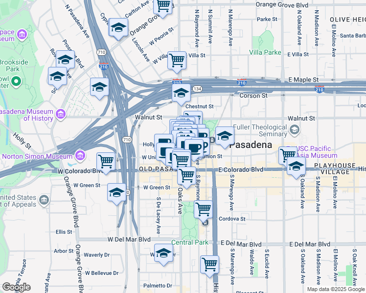 map of restaurants, bars, coffee shops, grocery stores, and more near 4 East Holly Street in Pasadena