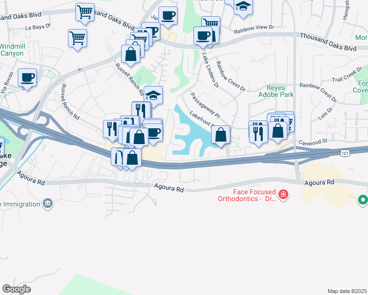 map of restaurants, bars, coffee shops, grocery stores, and more near 30704 Davey Jones Drive in Agoura Hills