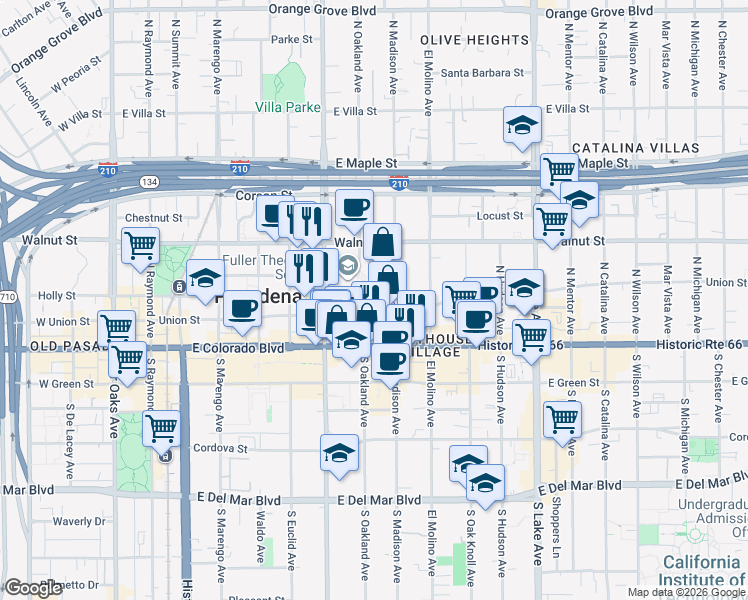 map of restaurants, bars, coffee shops, grocery stores, and more near 533 Union Street in Pasadena