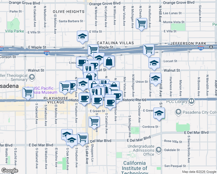 map of restaurants, bars, coffee shops, grocery stores, and more near in Pasadena
