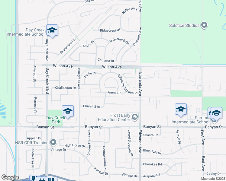 map of restaurants, bars, coffee shops, grocery stores, and more near 12732 Arena Drive in Rancho Cucamonga
