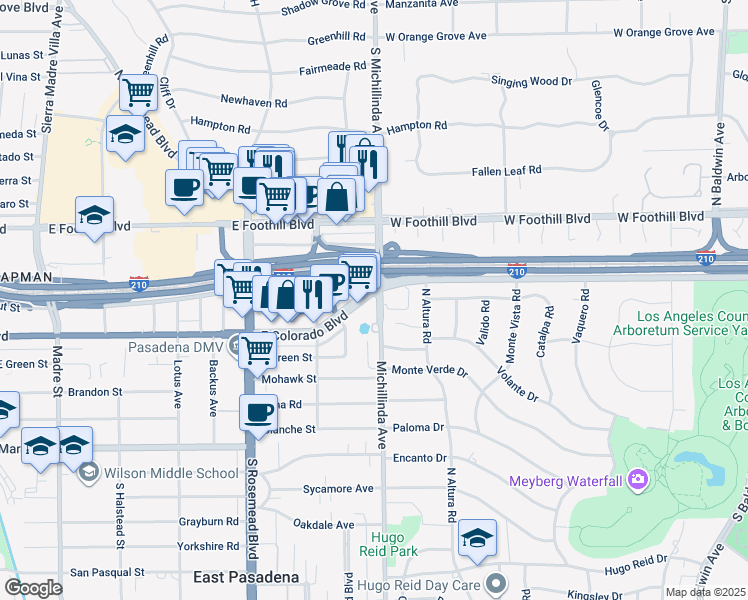 map of restaurants, bars, coffee shops, grocery stores, and more near 3880 East Colorado Boulevard in Pasadena