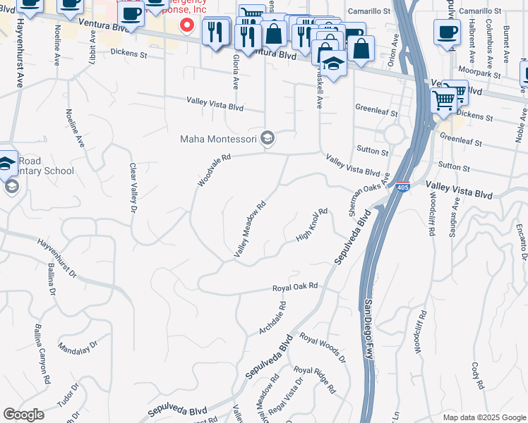 map of restaurants, bars, coffee shops, grocery stores, and more near 4218 Valley Meadow Road in Los Angeles