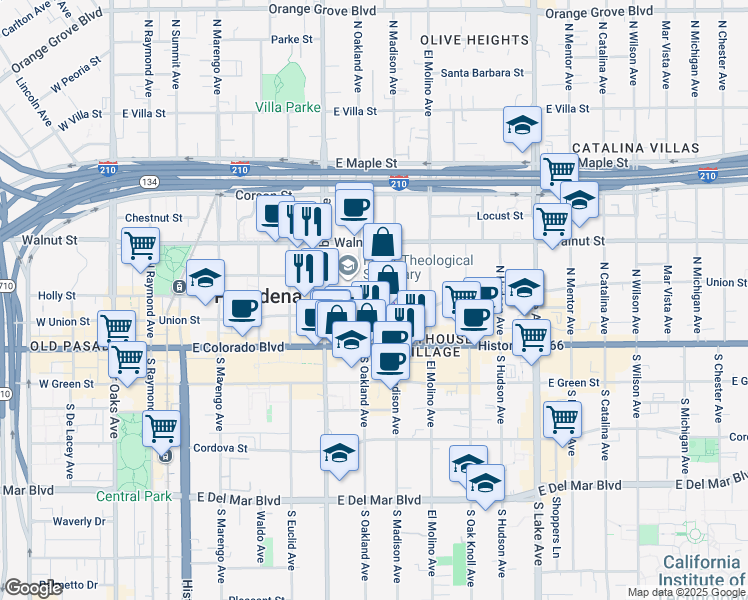map of restaurants, bars, coffee shops, grocery stores, and more near 533 Union Street in Pasadena