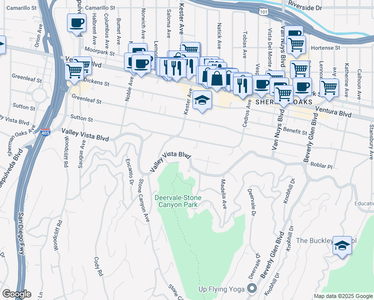 map of restaurants, bars, coffee shops, grocery stores, and more near 14835 Valley Vista Boulevard in Los Angeles