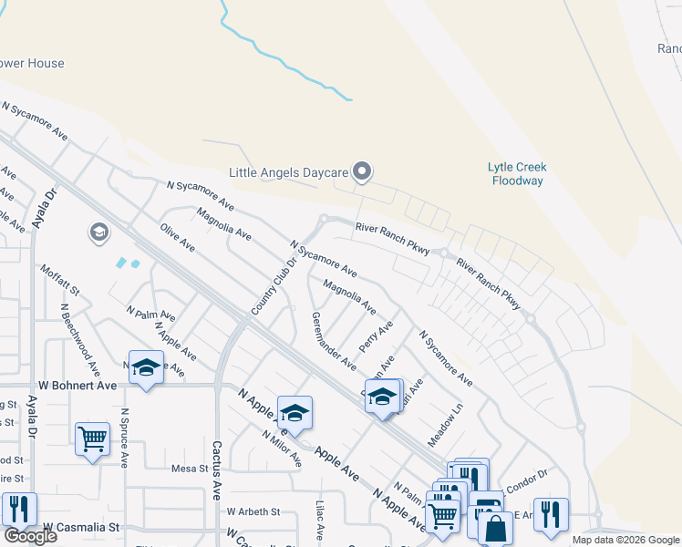map of restaurants, bars, coffee shops, grocery stores, and more near 5842 North Sycamore Avenue in Rialto
