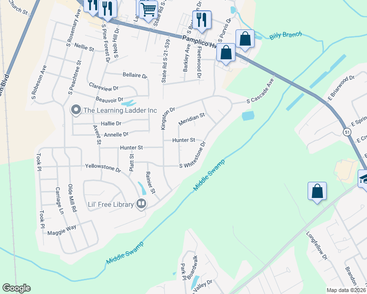 map of restaurants, bars, coffee shops, grocery stores, and more near 2606 Meridian Street in Florence