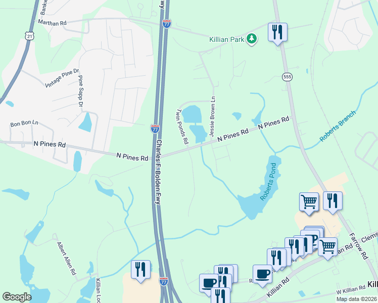 map of restaurants, bars, coffee shops, grocery stores, and more near 709 North Pines Road in Blythewood