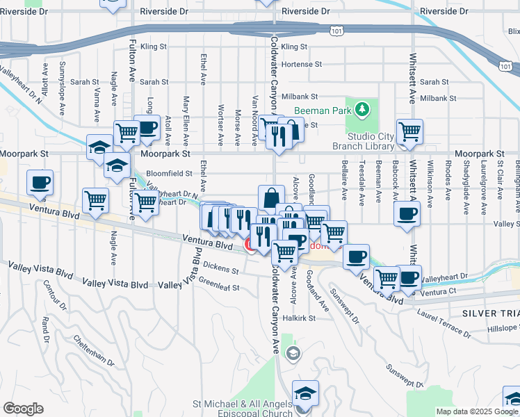 map of restaurants, bars, coffee shops, grocery stores, and more near 12931 Valleyheart Drive in Los Angeles