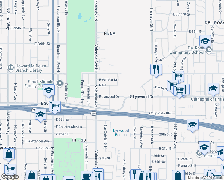 map of restaurants, bars, coffee shops, grocery stores, and more near 3125 San Gabriel Street North in San Bernardino