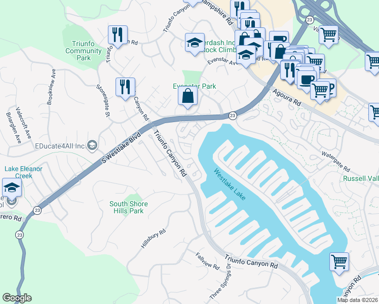 map of restaurants, bars, coffee shops, grocery stores, and more near 1234 South Westlake Boulevard in Westlake Village