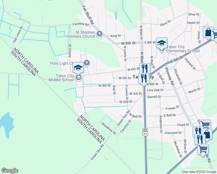 map of restaurants, bars, coffee shops, grocery stores, and more near 305 West 4th Street in Tabor City