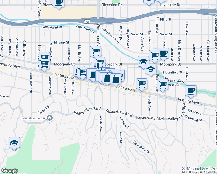map of restaurants, bars, coffee shops, grocery stores, and more near 13600 Ventura Boulevard in Los Angeles