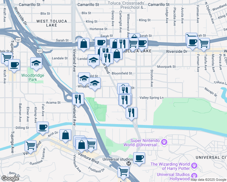 map of restaurants, bars, coffee shops, grocery stores, and more near 4327 Lankershim Boulevard in Los Angeles
