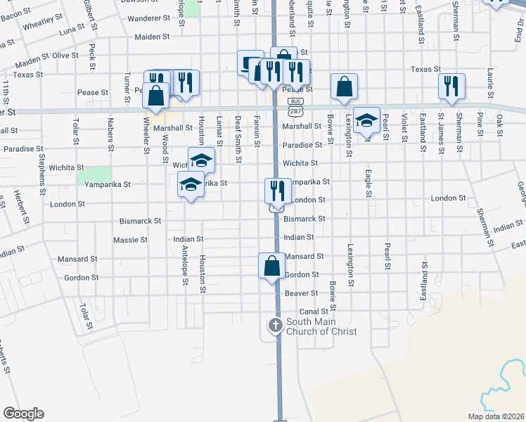 map of restaurants, bars, coffee shops, grocery stores, and more near 2321 Fannin Street in Vernon