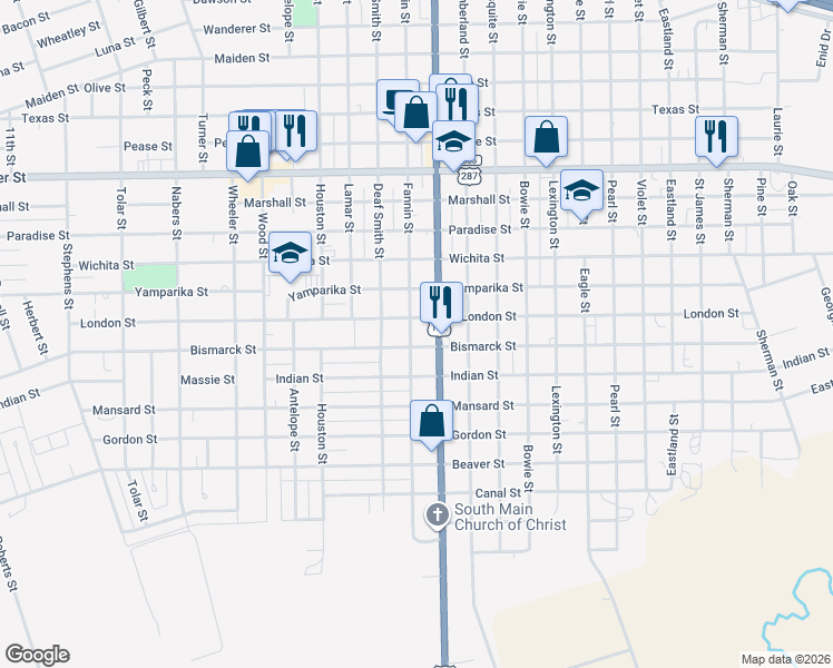 map of restaurants, bars, coffee shops, grocery stores, and more near 2321 Fannin Street in Vernon