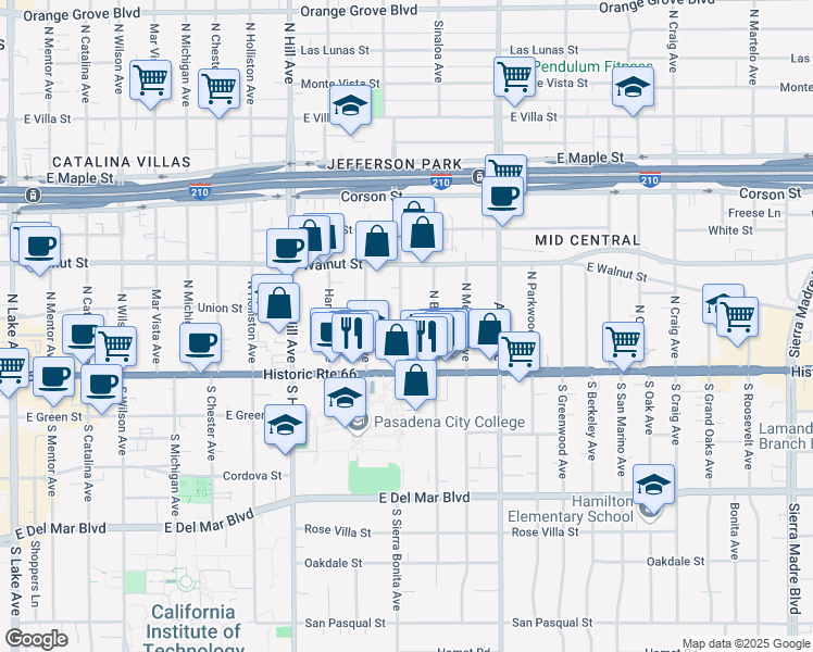 map of restaurants, bars, coffee shops, grocery stores, and more near 78 North Sierra Bonita Avenue in Pasadena