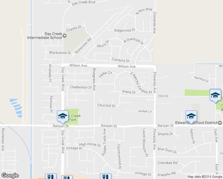 map of restaurants, bars, coffee shops, grocery stores, and more near 12610 Arena Drive in Rancho Cucamonga