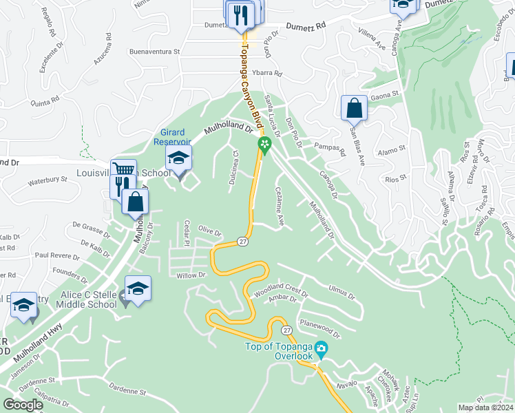 map of restaurants, bars, coffee shops, grocery stores, and more near 4332 Topanga Canyon Boulevard in Los Angeles