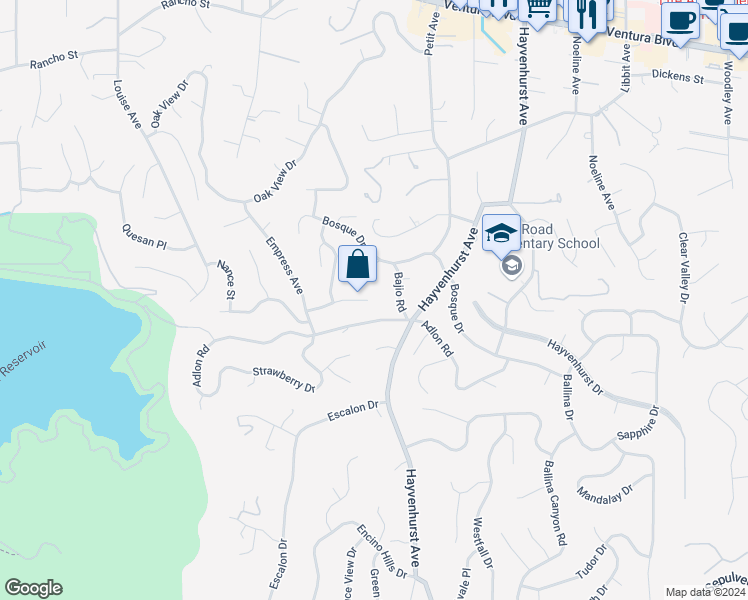 map of restaurants, bars, coffee shops, grocery stores, and more near 16800 Mooncrest Drive in Los Angeles