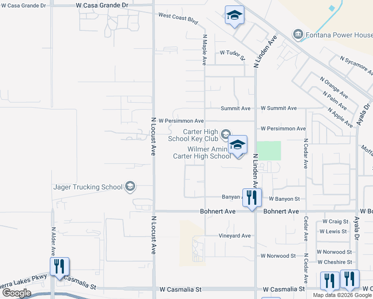 map of restaurants, bars, coffee shops, grocery stores, and more near 2640 North Phil Ochs Avenue in Rialto