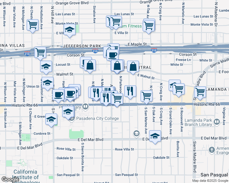 map of restaurants, bars, coffee shops, grocery stores, and more near 86 Allen Avenue in Pasadena