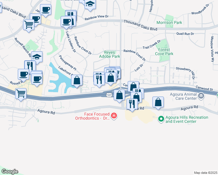 map of restaurants, bars, coffee shops, grocery stores, and more near 30343 Canwood Street in Agoura Hills