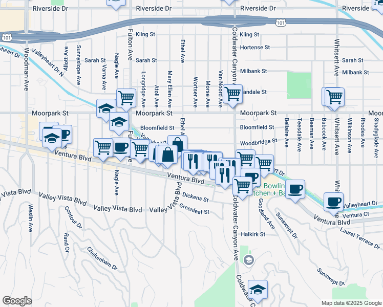 map of restaurants, bars, coffee shops, grocery stores, and more near 13041 Valleyheart Drive North in Los Angeles
