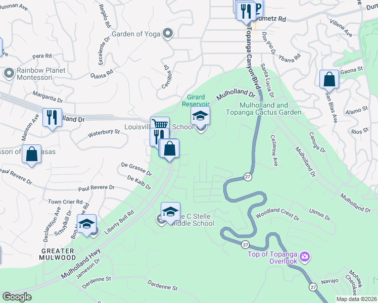 map of restaurants, bars, coffee shops, grocery stores, and more near 4244 Balcony Drive in Calabasas