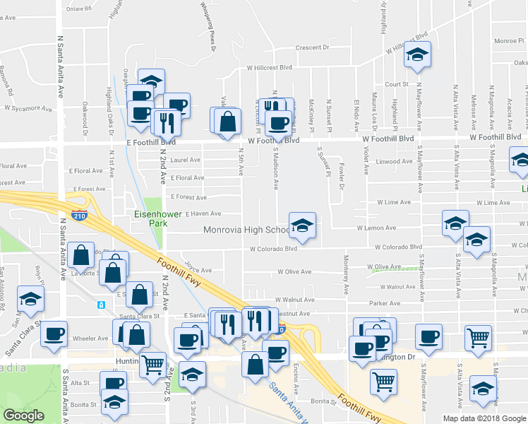 map of restaurants, bars, coffee shops, grocery stores, and more near 412 South Lincoln Place in Monrovia