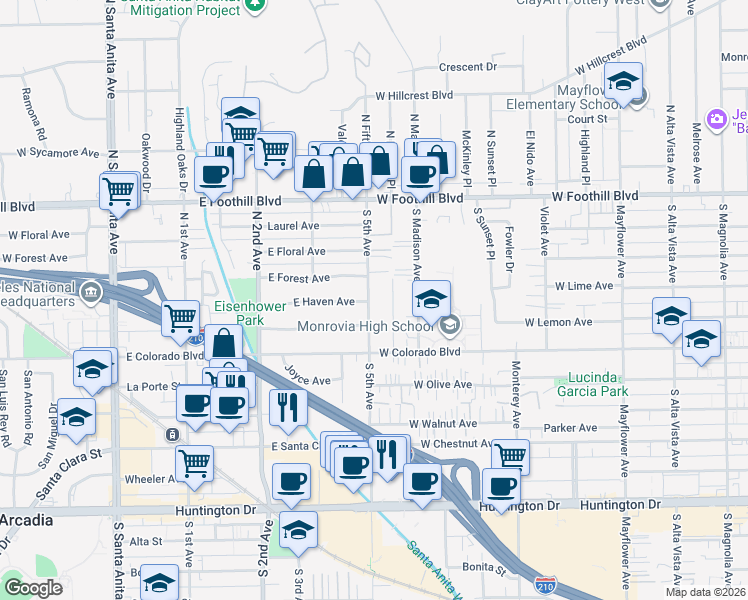 map of restaurants, bars, coffee shops, grocery stores, and more near 337 South Lincoln Place in Monrovia