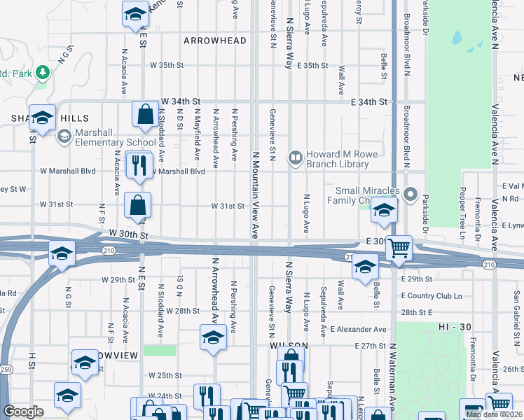 map of restaurants, bars, coffee shops, grocery stores, and more near 3091 North Mountain View Avenue in San Bernardino