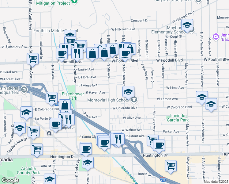 map of restaurants, bars, coffee shops, grocery stores, and more near 337 S Lincoln Pl in Monrovia