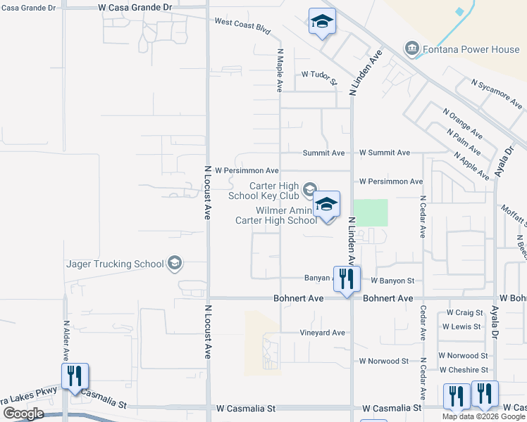 map of restaurants, bars, coffee shops, grocery stores, and more near 2640 North Phil Ochs Avenue in Rialto