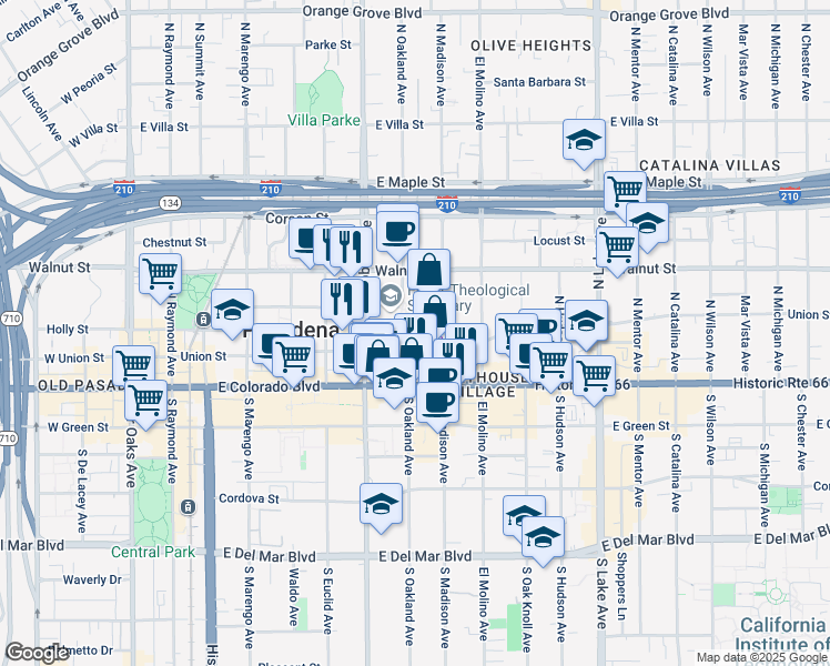 map of restaurants, bars, coffee shops, grocery stores, and more near 527 Union Street in Pasadena