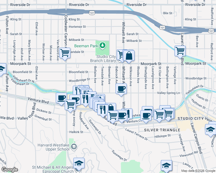 map of restaurants, bars, coffee shops, grocery stores, and more near 4225 Beeman Avenue in Los Angeles