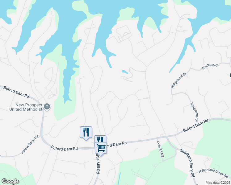 map of restaurants, bars, coffee shops, grocery stores, and more near 6035 Lake Windsor Parkway in Buford