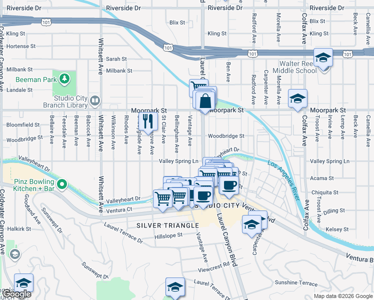 map of restaurants, bars, coffee shops, grocery stores, and more near 4229 Vantage Avenue in Los Angeles