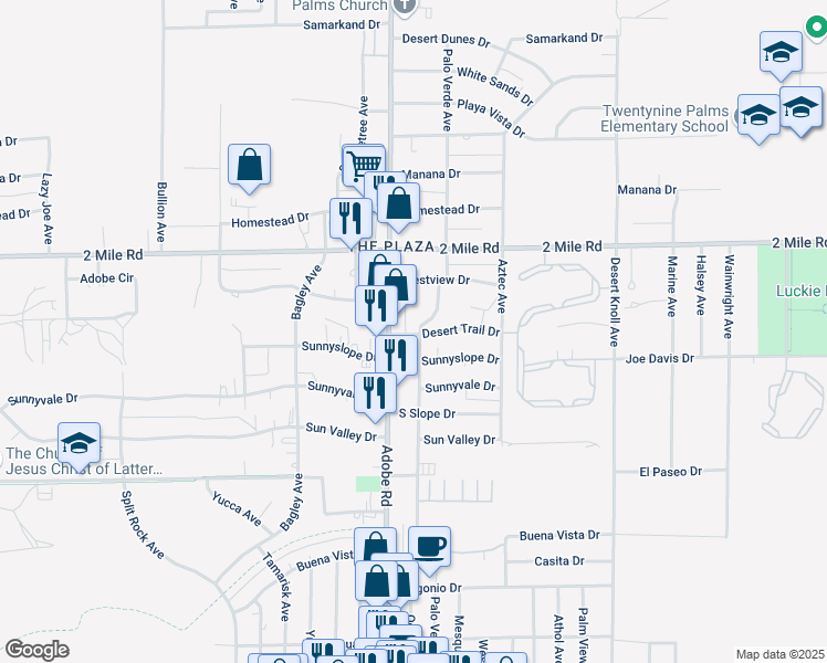 map of restaurants, bars, coffee shops, grocery stores, and more near 5834 Desert Trail in Twentynine Palms
