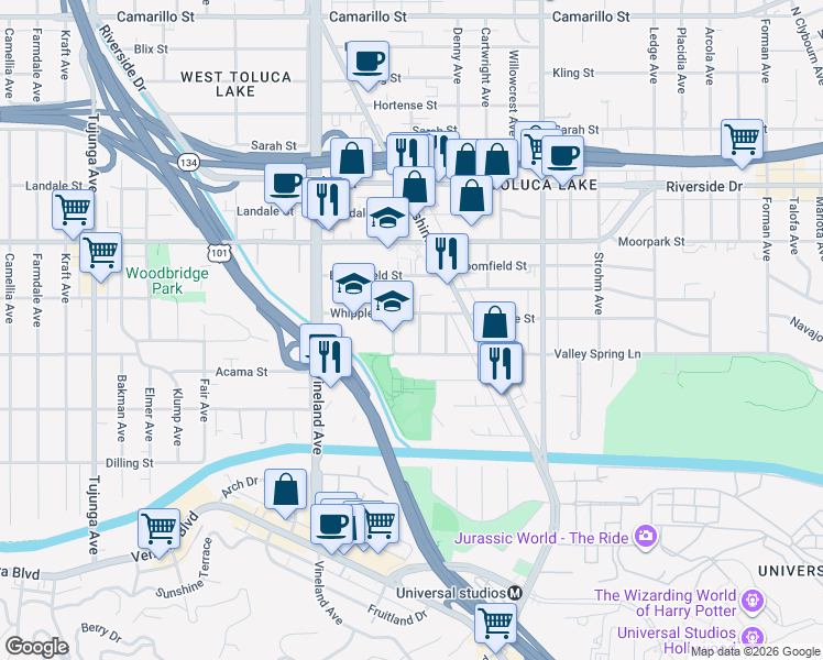 map of restaurants, bars, coffee shops, grocery stores, and more near 4257 Riverton Avenue in Los Angeles