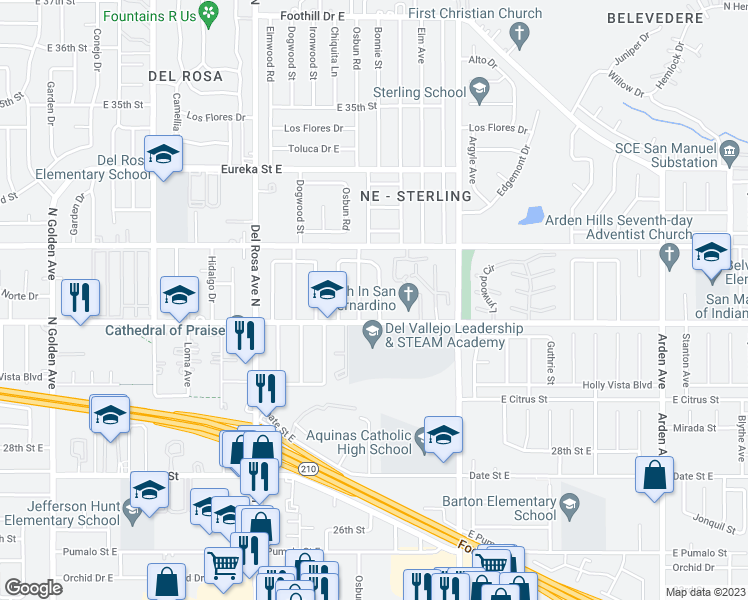 map of restaurants, bars, coffee shops, grocery stores, and more near 5856 Merito Avenue in San Bernardino