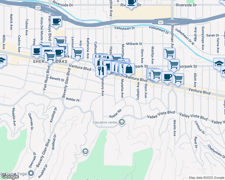 map of restaurants, bars, coffee shops, grocery stores, and more near 4223 Hazeltine Avenue in Los Angeles